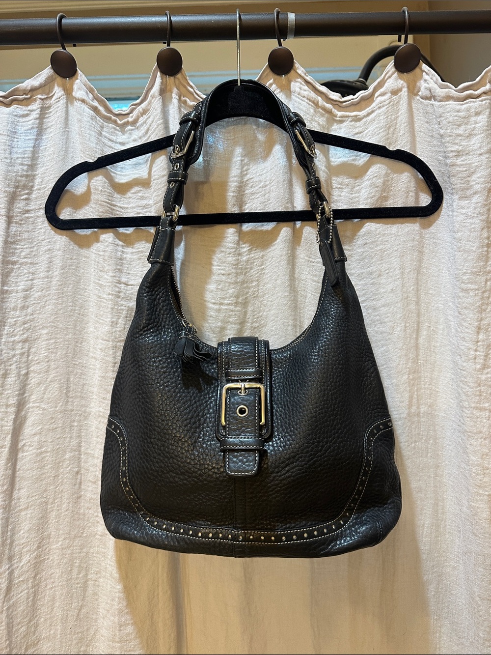 Coach Black Hampton Pebbled Leather Shoulder Hobo with Buckle Detail